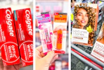 collage image of colgate toothpaste, maybelline baby lips, and clairol hair color
