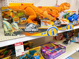 fisher-price jurassic world t-rex on a target shelf