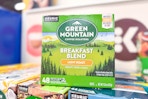 box of green mountain k-cups on a display shelf