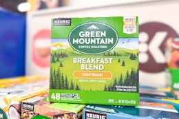 box of green mountain k-cups on a display shelf