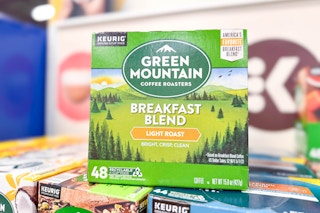 box of green mountain k-cups on a display shelf