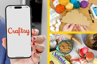 a person holding up a phone, a person doing a craft and baking supplies laying out on a counter top 