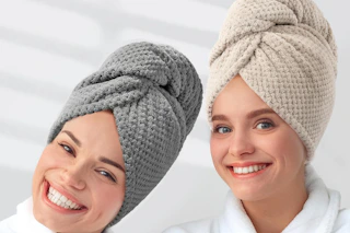 women wearing hair towels