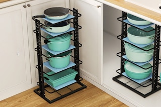 pots and pans organizer on floor and in cabinet