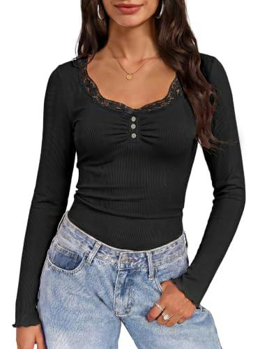 Women's Lace Henley Long Sleeve Top