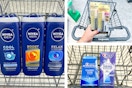 collage image of nivea body wash, crest whitening products, and loreal mascara