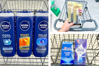 collage image of nivea body wash, crest whitening products, and loreal mascara
