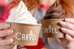 person holding two dishes of vanilla and chocolate carvel ice cream