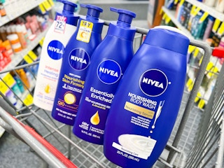 bottles of nivea lotion and body wash in a cvs cart