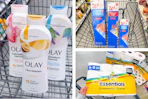 olay body wash, bounty paper towels, and food storage bags in a cart