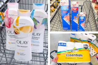 olay body wash, bounty paper towels, and food storage bags in a cart