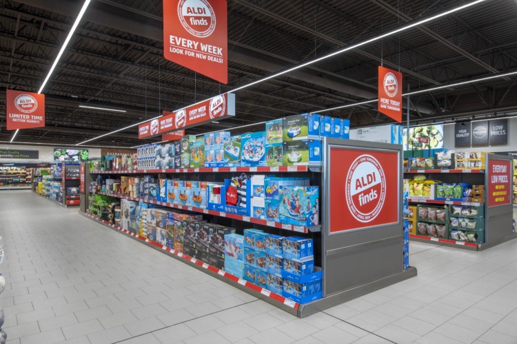 The inside of an ALDI grocery store with groceries on the shelves.