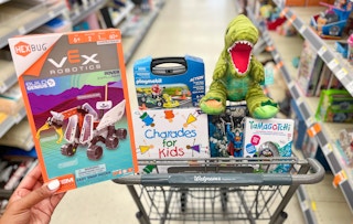 shopping cart with various toy items on clearance