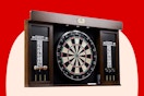 dartboard cabinet on red and cream background