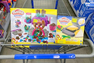 play-doh kitchen creations playsets in walmart cart with clearance price tags on boxes