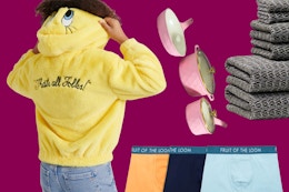 Kids jacket, mens boxer brief set, pink cookware set and a towel set