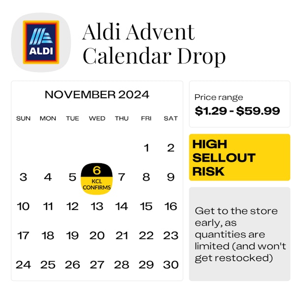 Calendar graphic showing the confirmed Aldi Advent Calendar release date as Nov. 6, 2024.