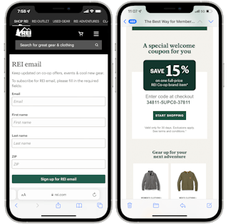A graphic of two iPhones displaying the REI website's email sign up form and a welcome email from REI with a coupon.