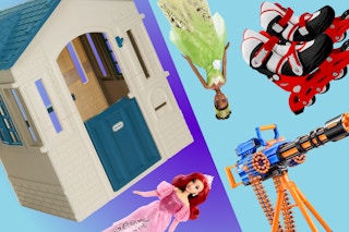Little Tike outdoor playhouse, Disney Princess dolls, Halo roller skates, and XShot foam bullet gun