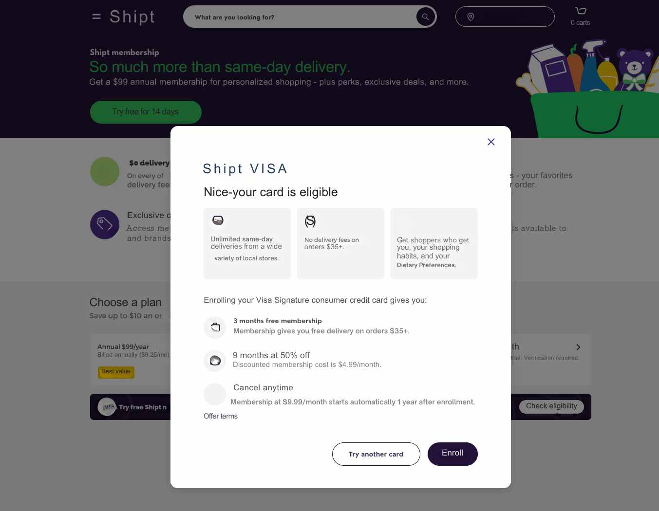 Shipt website with a message to check a visa credit card for free Shipt eligiblity.