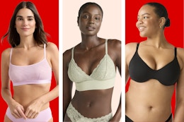 3 models wearing different styles of women's bras/bralettes from the brand Joyspun at Walmart