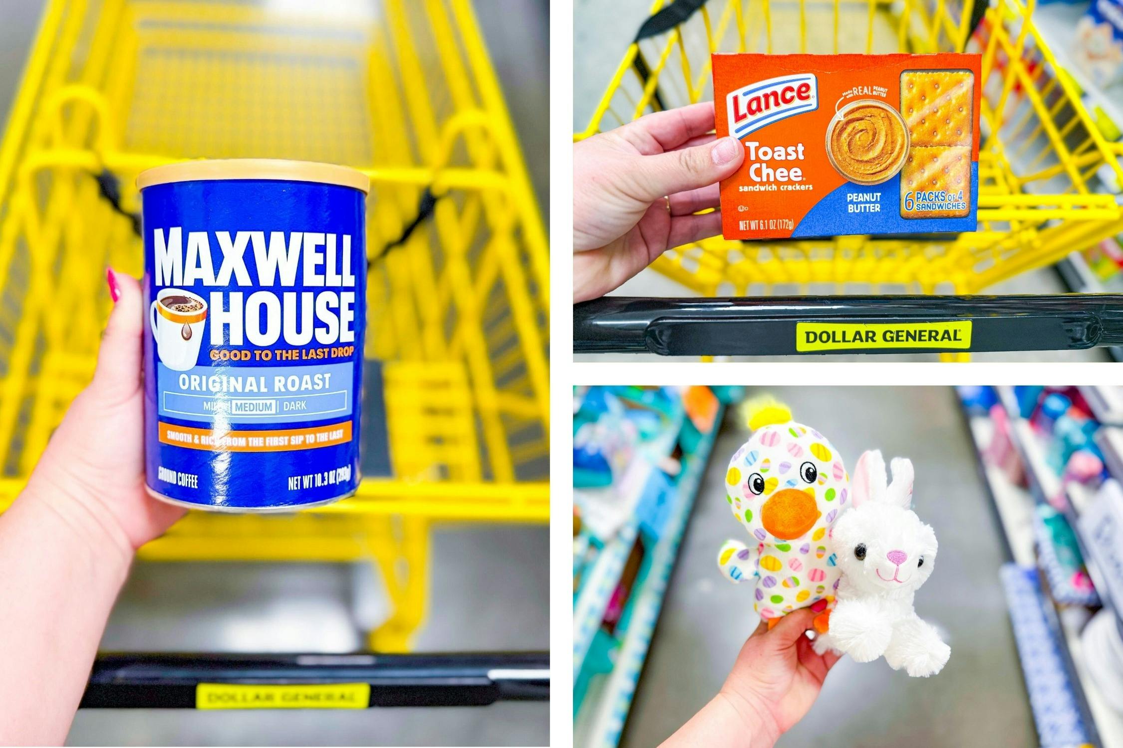 dollar general maxwell house, lance, plushes 3-photo collage