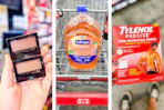 collage image of maybelline makeup, softsoap refills, and tylenol precise pain patches