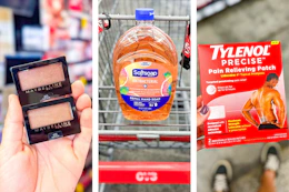 collage image of maybelline makeup, softsoap refills, and tylenol precise pain patches