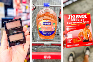 collage image of maybelline makeup, softsoap refills, and tylenol precise pain patches