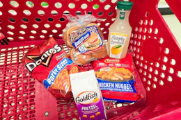 doritos, ball park buns, goldfish crackers, tyson chicken nuggets, and simply lemonade in a cart