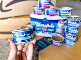 can of cat food stacked on Amazon boxes and a hand holding a can