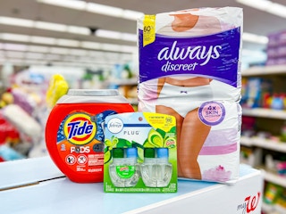 tide pods febreze fragrance and always incontinence underwear on store display