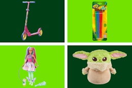 Toys on a dark and light green collage background. 
