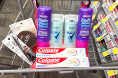 covergirl, aussie, degree, and colgate products in a cart