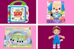 collage with bluey, leap frog, fisher-price, mrs rachel toys