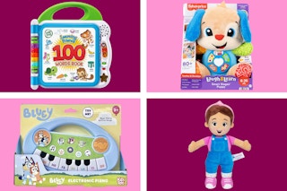 collage with bluey, leap frog, fisher-price, mrs rachel toys