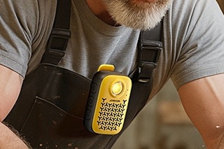 a man wearing a bluetooth speaker