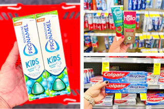 collage image of sensodyne, colgate, hello, and toms toothpaste