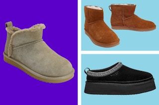 Koolaburra By Ugg boots and shoes on a purple and blue collage background.