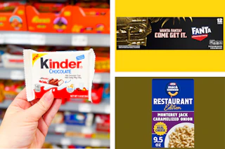 kinder, kraft mac & cheese, and fanta soda side by side
