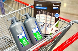 dove body wash and degree deodorant in a costco shopping cart sponsored