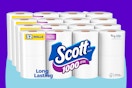 Scott 1000 Toilet Paper, 32 Rolls, Septic-Safe, 1-Ply Toilet Tissue on a blue background.