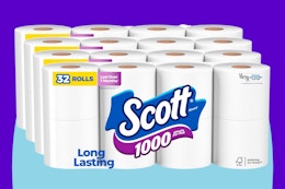 Scott 1000 Toilet Paper, 32 Rolls, Septic-Safe, 1-Ply Toilet Tissue on a blue background.