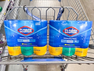 Two Clorox Disinfecting Wipes multi-pack products in Walmart shopping cart.