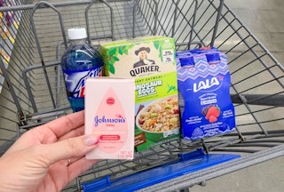 mtn dew johnsons baby soap bar quaker oatmeal and lala yogurt smoothies in a walmart cart