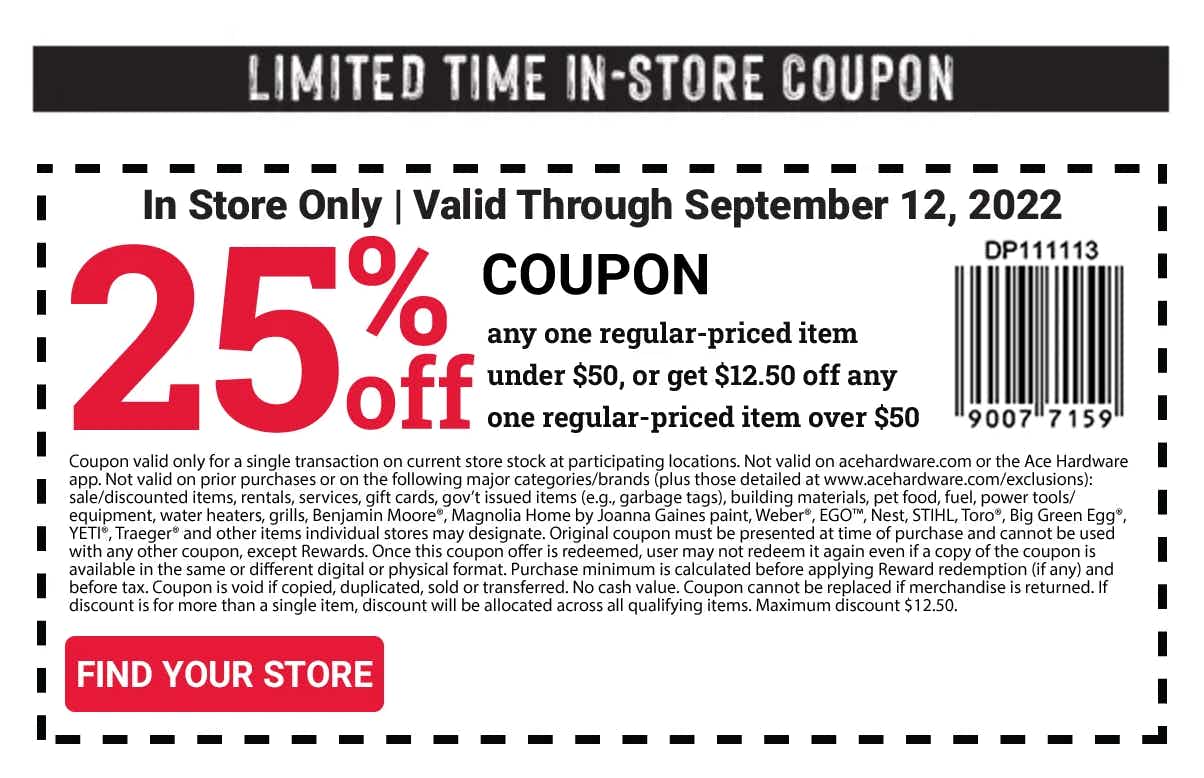 a screenshot of the ace hardware 25% off coupon offered for labor day 2022
