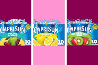 Capri Sun 10-packs in three flavors: Pacific Cooler, Lemonade, and Strawberry Kiwi