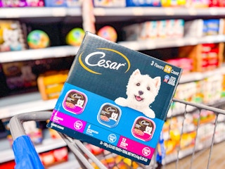 Cesar dog food variety pack in Walmart shopping cart