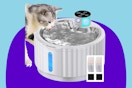 Wireless Cat Water Fountain Cordless, FortuneALL 95oz/2.8L on a purple background.