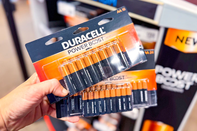 hand holding two packs of duracell batteries